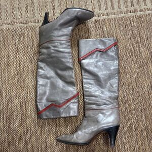 Vintage St. Moritz Gray Red Leather Boots Heels Size 5.5